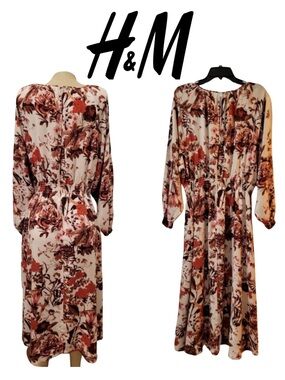 H&M Cream Floral Long Sleeve Midi Dress with Rust and Brown Accents